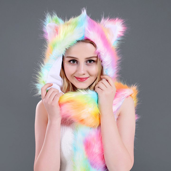 Winter animal prom hat rainbow faux fur Gloves