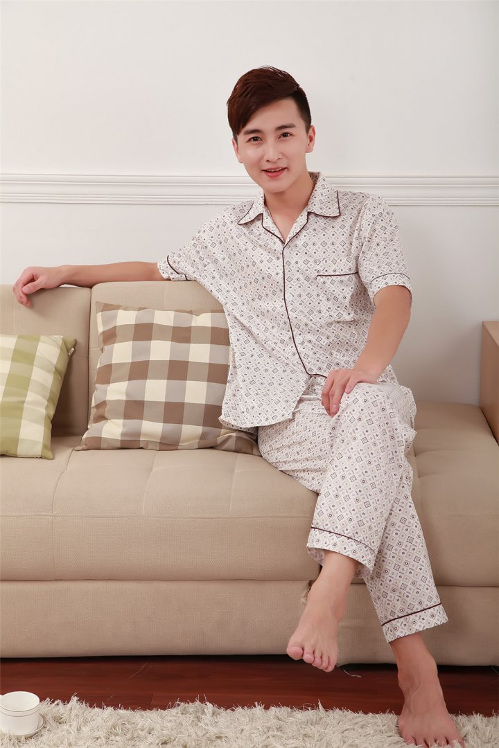 Summer long pants cotton pajamas 2pcs set for men