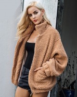 Plush faux fur long sleeve pocket coat for women