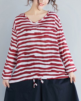 Stripe all-match tops Casual cotton linen shirt for women
