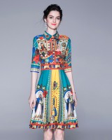 Printing pinched waist lapel dress for women