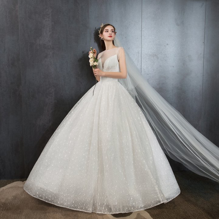 Bride flat shoulder formal dress crystal tassels wedding dress
