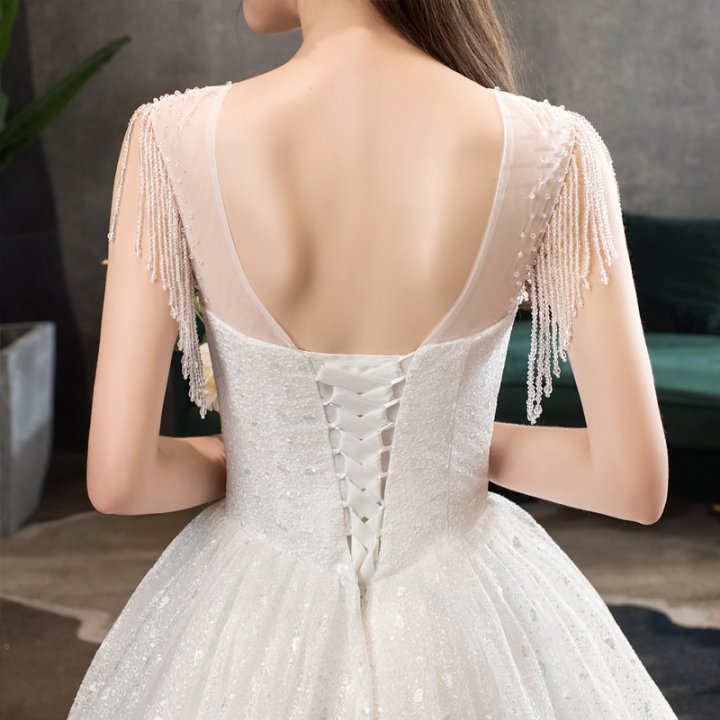 Bride flat shoulder formal dress crystal tassels wedding dress