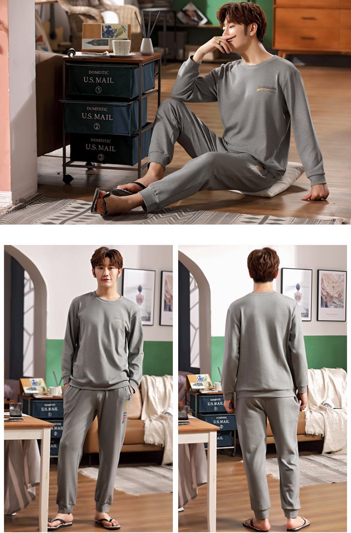 Pure cotton long pants homewear pajamas 2pcs set for men