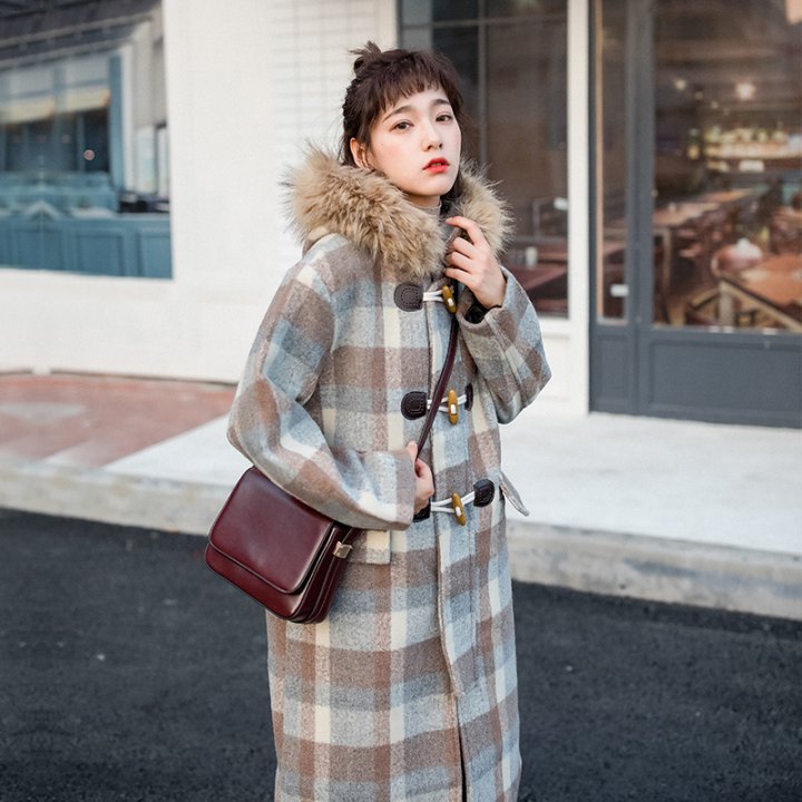 Winter student overcoat large fur collar woolen coat