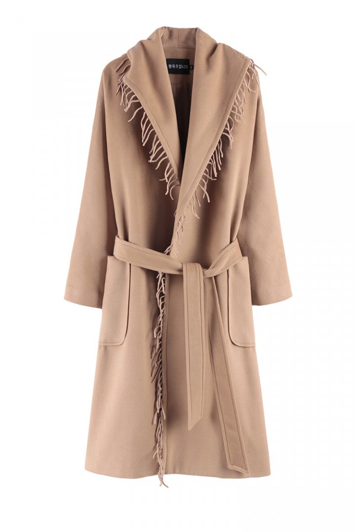 Tassels lapel loose overcoat camel frenum woolen coat for women