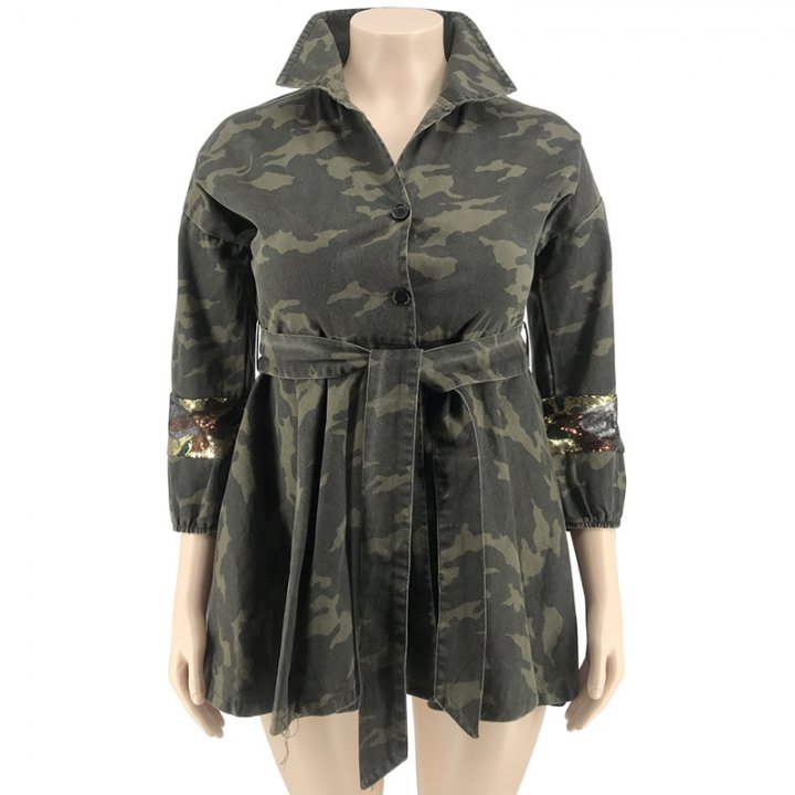 Camouflage large yard belt sequins coat for women