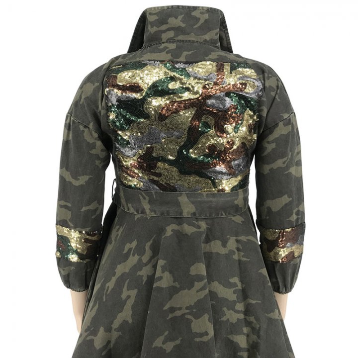 Camouflage large yard belt sequins coat for women
