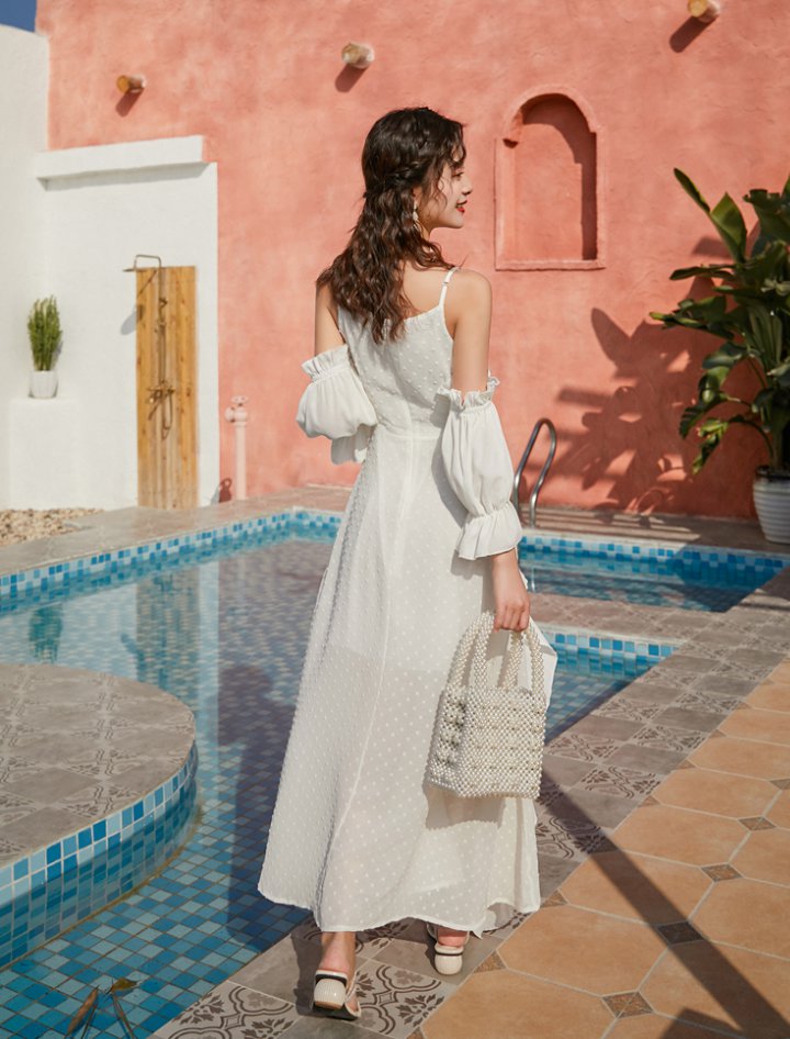 White strap dress seaside beach dress for women