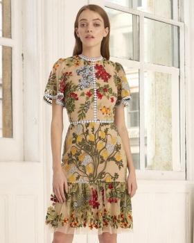 Short sleeve summer high waist embroidery dress for women