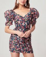Slim spring formal dress puff sleeve printing dress