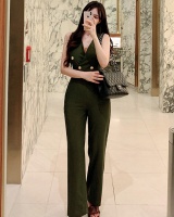 Slim V-neck pinched waist summer double-breasted jumpsuit