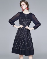Autumn and winter blue temperament embroidery dress