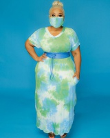 Tie dye loose printing large yard V-neck dress for women