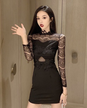 Bottoming slim splice lace autumn and winter hollow dress
