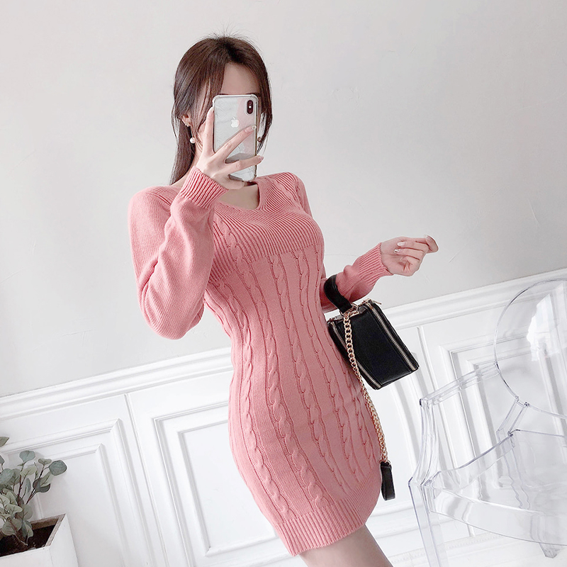 Korean style knitted V-neck slim dress for women
