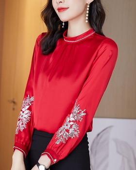 Real silk embroidered tops satin chiffon shirt for women