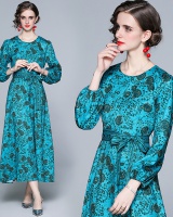 Court style slim blue-green long sleeve lengthen dress
