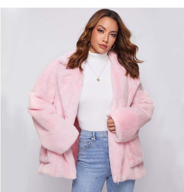 Lapel fox fur pink commuting splice temperament long fur coat
