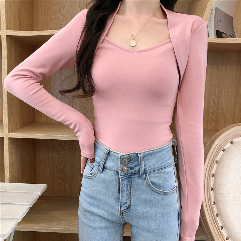 Pseudo-two Korean style slim spring elasticity bottoming tops