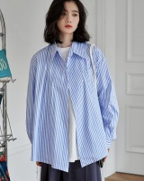 Long sleeve blue loose shirt stripe spring irregular tops
