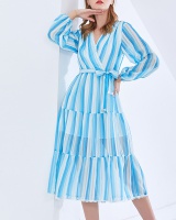 V-neck blue summer big skirt frenum long dress