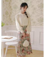 Lantern sleeve rose shirt France style printing skirt a set