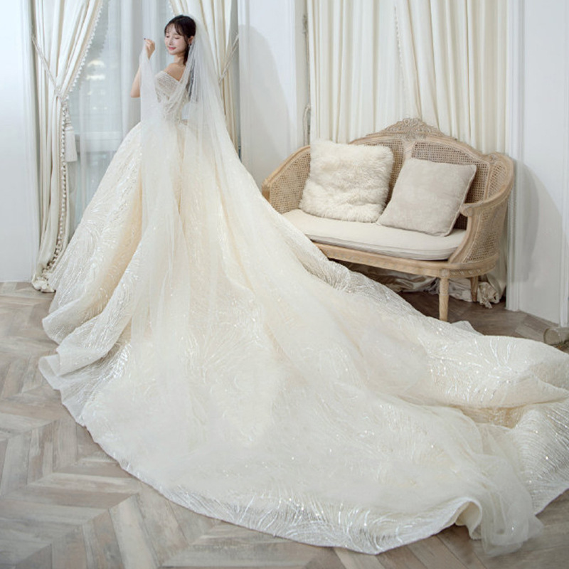 Slim big trailing bride starry sky simple wedding dress