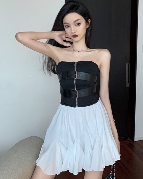 Pleated pinched waist belt wrapped chest skirt a set