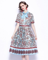 Slim summer short sleeve printing pleated dress for women