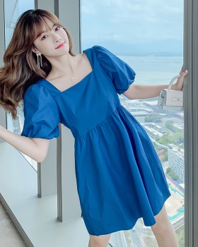Puff sleeve spring blue square collar dress for women