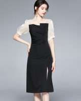 Split puff sleeve long dress square collar dress for women