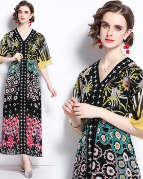 V-neck pinched waist printing short sleeve long dress for women