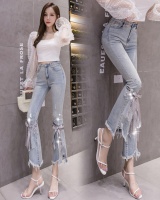 Beading jeans worn flare pants for women