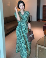 Temperament slim green dress quilted V-neck floral long dress