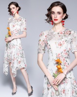 Hollow temperament printing round neck embroidery dress