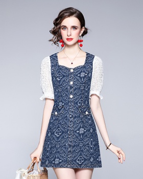 Pinched waist denim France style stitching dress for women