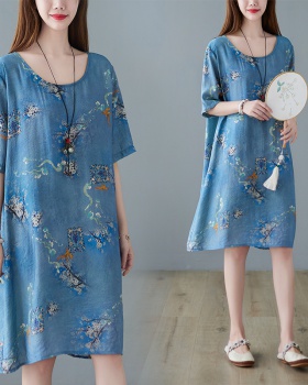 Long summer floral Casual retro cotton linen slim loose dress