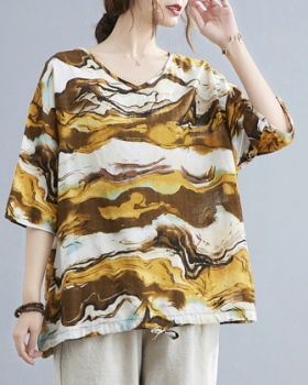 Casual cotton linen large yard loose V-neck printing tops