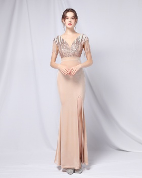 Long sequins flat shoulder evening dress for women