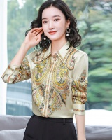 Long sleeve silk shirt retro printing tops for women
