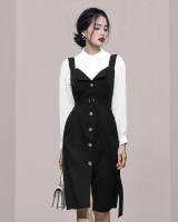 Strap autumn breasted tops bottoming lapel belt 2pcs set