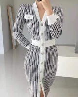 Houndstooth single-breasted autumn and winter long dress