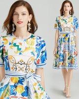 Lace big skirt round neck printing dress