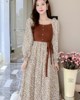 France style floral Pseudo-two pinched waist dress for women