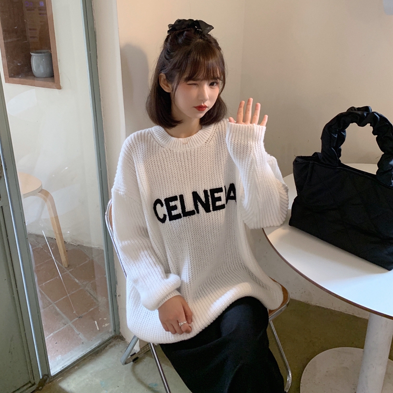 Letters fat thick embroidery sweater for women