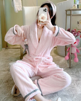 Flannel island flair homewear thick pink winter lapel pajamas