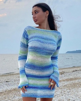 Trumpet sleeves sexy sweater stripe autumn dress for women