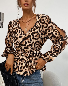 Long sleeve hollow V-neck leopard European style shirt