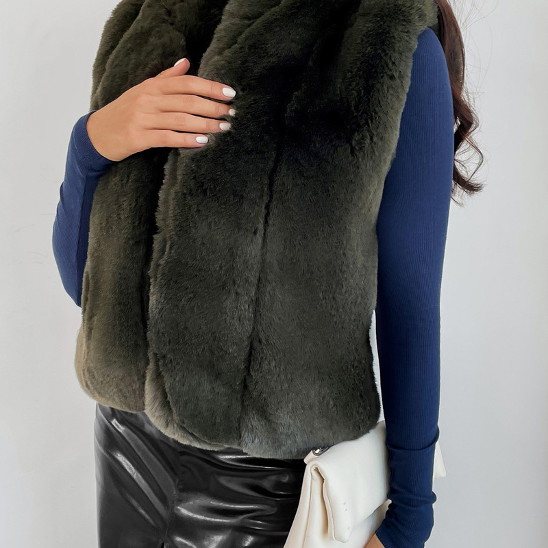 Pocket long sleeve faux fur fur coat lapel green belt